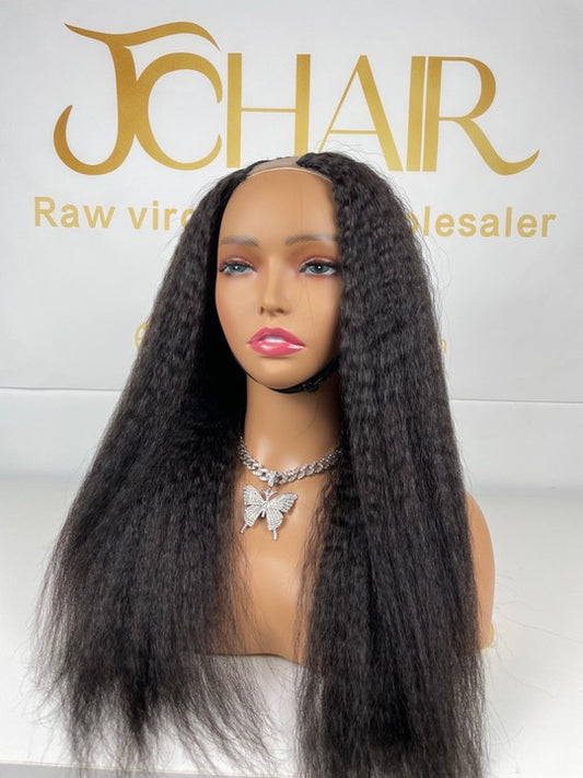 Top Virgin V-part Wig 180% 210%Density - Kinky Straight #1B