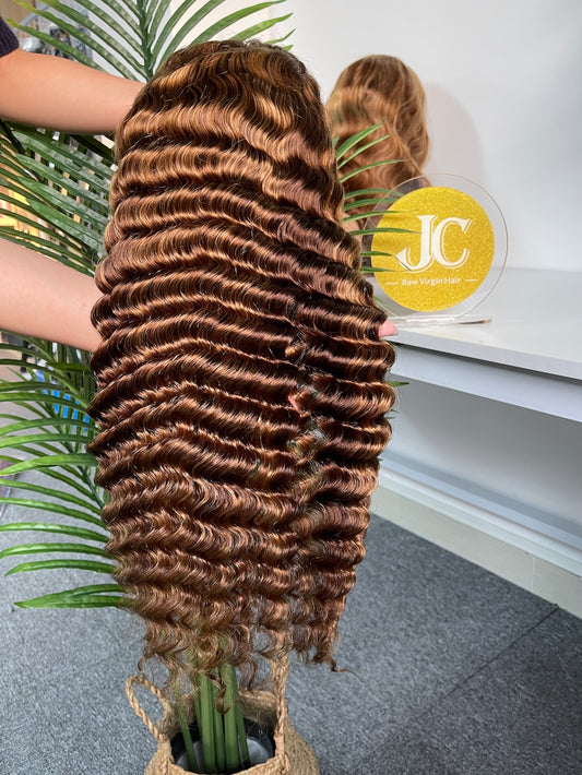 #4/27 Highlight Deep Wave Brazilian Hair 13X4 Transparent Lace Wig 180%