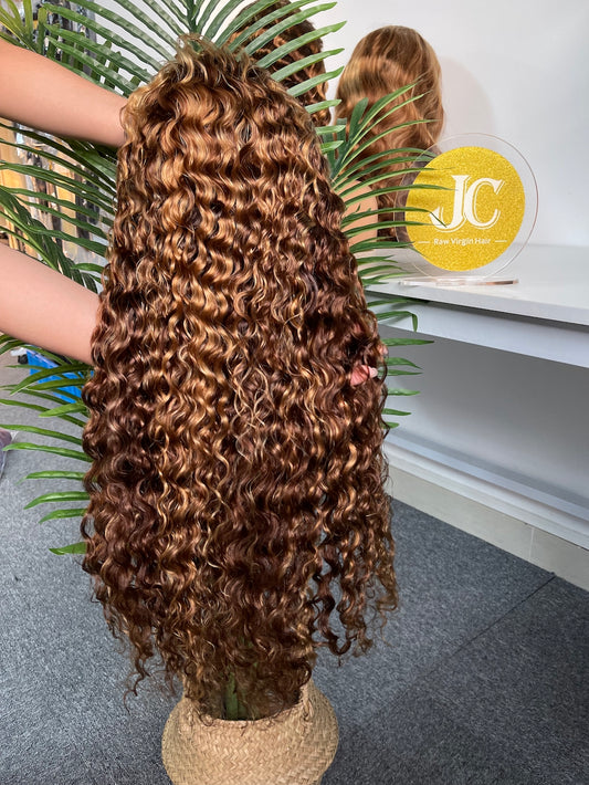 #4/27 Highlight Italian Curly Brazilian Hair 13X4 Transparent Lace Wig 180%