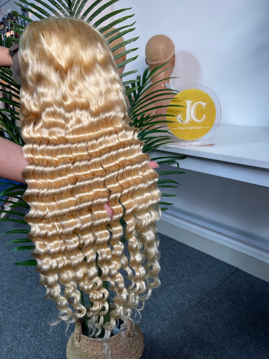 #613 Blonde Deep Wave Brazilian Hair 13X4 Transparent Lace Wig 180%
