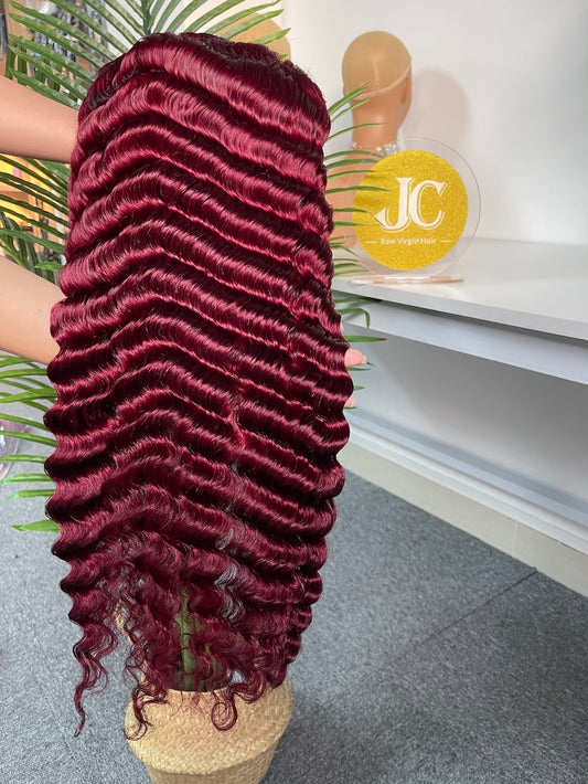 #99J Burgundy Deep Wave Brazilian Hair 13X4 Transparent Lace Wig 180%