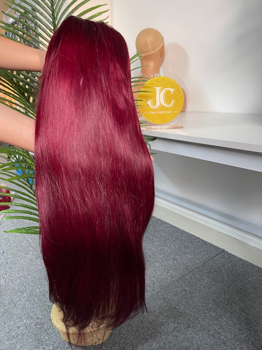 #99J Burgundy Straight Brazilian Hair 13X4 Transparent Lace Wig 180%