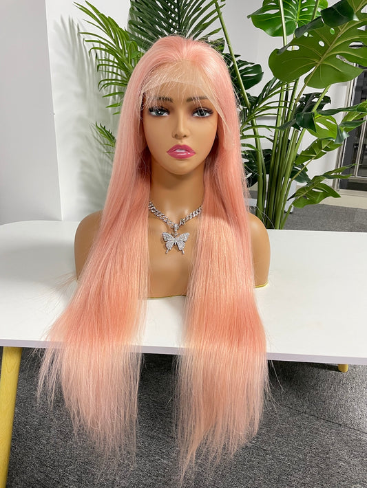 #Pink Straight Brazilian Hair 13X4 Transparent Lace Wig 180%