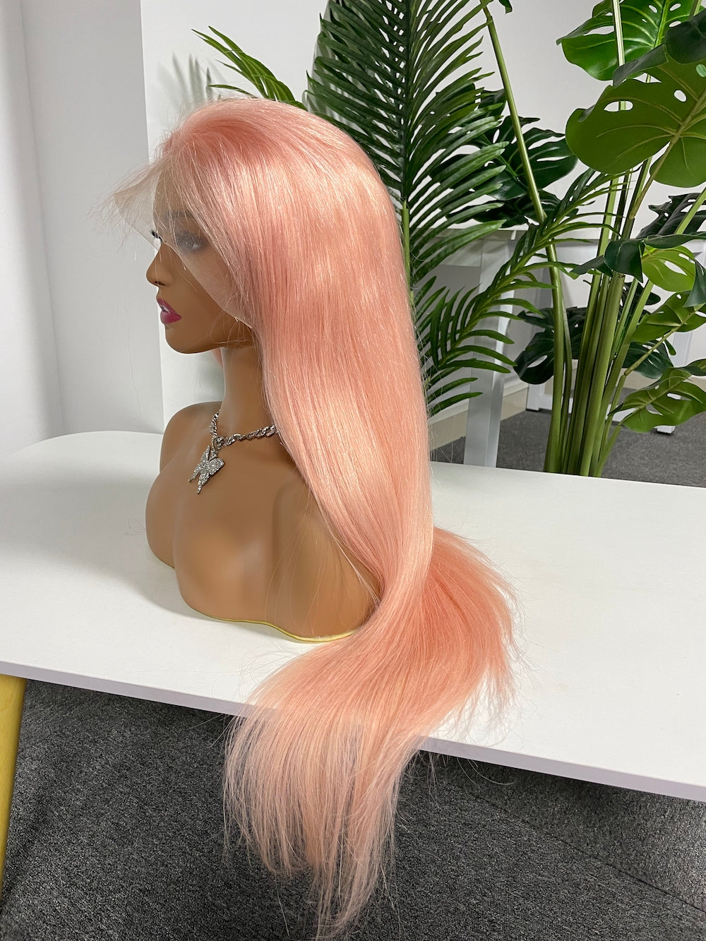 #Pink Straight Brazilian Hair 13X4 Transparent Lace Wig 180%